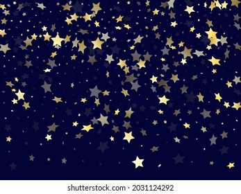 Gold gradient star dust sparkle vector background. Rich gold star sparkles dust elements on dark blue night sky vector illustration. Birthday starburst lights card pattern.