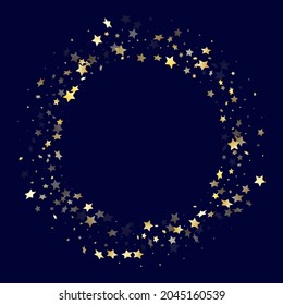 Gold gradient star dust sparkle vector background. Trendy gold star sparkles dust elements on dark blue night sky vector illustration. Holiday confetti glitter flying pattern.