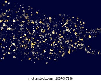 Goldener Farbverlauf-Stern-Staub funkelt Vektorhintergrund. Der Astral-goldene Stern funkelt Staubelemente auf dunkelblauem Nachthimmel, Vektorgrafik. Neujahr tönt fliegender Hintergrund.
