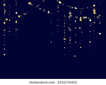 Gold gradient star dust sparkle vector background. Light gold star sparkles dust elements on dark blue night sky vector illustration. Holiday confetti glitter decoration.