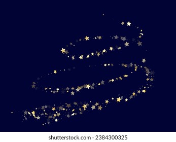 Gold gradient star dust sparkle vector background. Glowing gold star sparkles dust elements on dark blue night sky vector illustration. Party starburst lights backdrop.