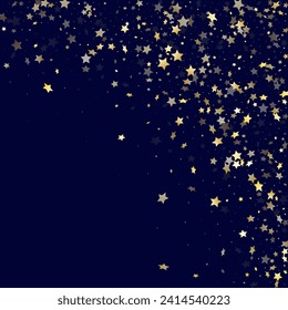 Gold gradient star dust sparkle vector background. Glittering gold star sparkles dust elements on dark blue night sky vector illustration. Birthday starburst flying backdrop.