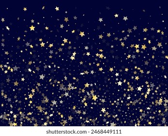Gold gradient star dust sparkle vector background. Luxurious gold star sparkles dust elements on dark blue night sky vector illustration. Birthday starburst lights poster pattern.