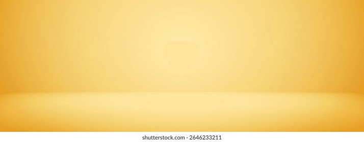 Gold gradient studio room design. Bright yellow podium concept wallpaper. Gold wall and floor surface backdrop for presentation, product showcase, mockup template. Vector empty shelf display backdrop