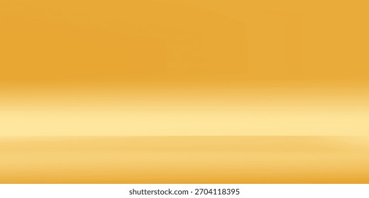 Gold gradient studio room design. Bright yellow podium concept wallpaper. Gold wall and floor surface backdrop for presentation, product showcase, mockup template. 