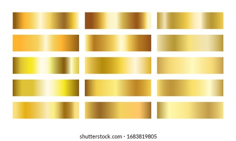 Gold gradient textures collection. Golden foil background set. Copper, brass, metal gradient template. Glitter design elements for frame, ribbon, coin, banner, cards. Vector illustration.