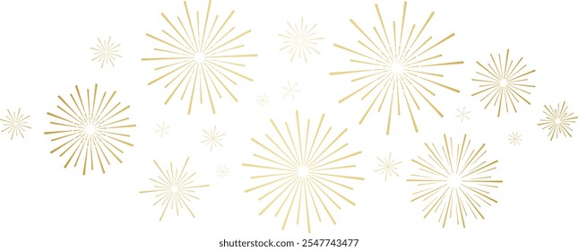 Gold gradient vector fireworks clip art illustration, sunburst line art explosions, isolated design