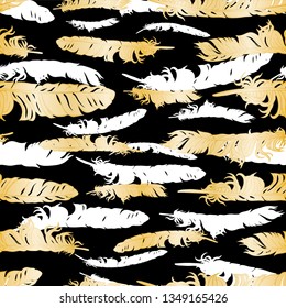 Gold gradient vector seamless feathers pattern isolated on black. Repeat feather golden doodle illustration. Vector