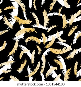 Gold gradient vector seamless feathers pattern isolated on black. Repeat feather golden doodle illustration. Vector