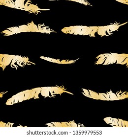 Gold gradient vector seamless feathers pattern isolated on black. Repeat feather golden doodle illustration. Vector