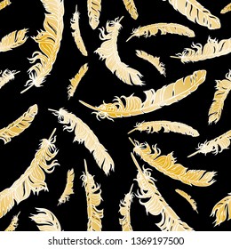 Gold gradient vector seamless feathers pattern isolated on black. Repeat feather golden doodle illustration. Vector