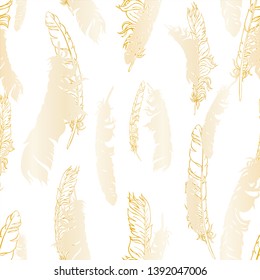 Gold gradient vector seamless feathers pattern isolated on white. Repeat feather golden doodle illustration. Vector
