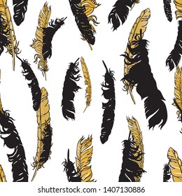 Gold gradient vector seamless feathers pattern isolated on white. Repeat feather golden doodle illustration. Vector