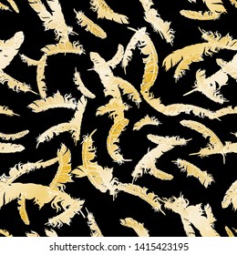 Gold gradient vector seamless feathers pattern isolated on black. Repeat feather golden doodle illustration. Vector