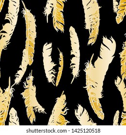 Gold gradient vector seamless feathers pattern isolated on black. Repeat feather golden doodle illustration. Vector