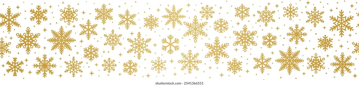 Gold gradient winter holiday snowflake banner, seamless repeating border for Christmas or New Year celebration invite or greeting card design