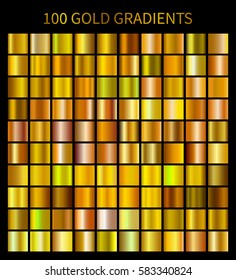 Gold gradients 100 big set. Mega collection of golden gradient illustrations for backgrounds, cover, frame, ribbon, banner, coin, label, flyer, card etc. Vector template EPS10