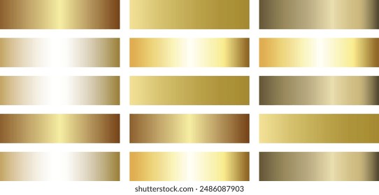 Gold gradients metallic gradients set. Golden gradient color set. Gold and yellow gradients set. Plates shiny gold effect. Metallic gold, bronze metal pattern set. Gradient color