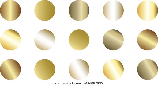 Gold gradients metallic gradients set. Golden gradient color set. Gold and yellow gradients set. Plates shiny gold effect. Metallic gold, bronze metal pattern set. Gradient color