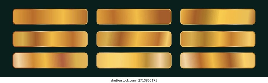 Gradientes de oro. Estilos de gradiente de oro de Vector Premium. Colección de cuadrados dorados. Textura de fondo dorado. Mega colección de oro gradiente de materiales. Vector.	