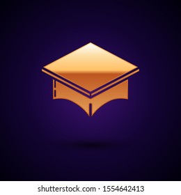 Gold Graduation cap icon isolated on dark blue background. Graduation hat with tassel icon.  Vector Illustration