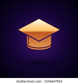 Gold Graduation cap icon isolated on dark blue background. Graduation hat with tassel icon.  Vector Illustration