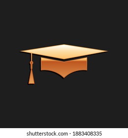 Gold Graduation cap icon isolated on black background. Graduation hat with tassel icon. Long shadow style. Vector.