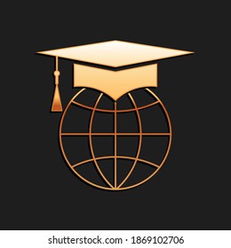 Límite de graduación de oro en icono de globo aislado en fondo negro. Símbolo mundial de la educación. Aprendizaje en línea o concepto de e-learning. Estilo de sombra larga. Vector.