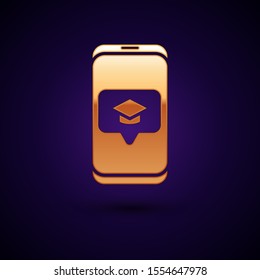 Gold Graduation cap on screen smartphone icon isolated on dark blue background. Online learning or e-learning concept.  Vector Illustration