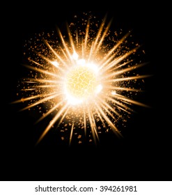Gold grand explosion of planet. Big Bang. Catastrophe. Formation of the universe. Vector