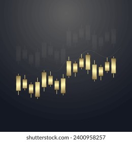 Un gráfico Gold Graph, gráficos de barras de lujo con flecha de tendencia hacia arriba en la parte superior usada para el gráfico de barras de velas de negocios de las operaciones de inversión en fondo oscuro