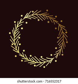 Gold graphic christmas wreath. Vector isolated card. Stencil illustration.