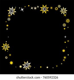 gold graphic stars on black background, silver and golden christmas sparkle stars night sky, magic shining Flying confetti falling decoration cosmic backdrop, holidays vector.