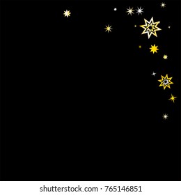 gold graphic stars on black corner background, silver and golden christmas sparkle stars night sky, magic shining Flying confetti falling decoration cosmic backdrop, holidays vector.