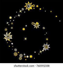 gold graphic stars swirl on black background, silver and golden christmas sparkle stars night sky, magic shining Flying confetti falling decoration cosmic backdrop, holidays vector.