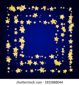Gold Graphic Stars Vector Blue Background. Shimmer Dust Banner. Star Template. Golden Magic Space Design.