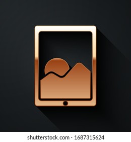 Gold Graphic tablet icon isolated on black background. Long shadow style. Vector Illustration