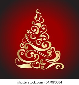 Gold Graphical Christmas tree , hipster linear style. Vector illustration