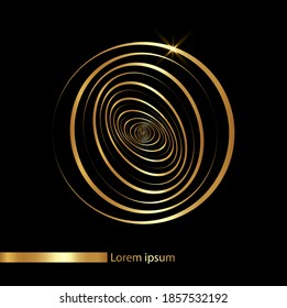 Gold graphical designs with various curves in a circular form or like a flower. Golden Company logo with eye shape concept. Wireframe mandala technology sign vector isolated on black background 