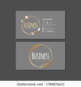 Gold Gray Business Card Template with Leaves and Badge Logo