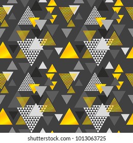 Gold and gray color creative repeatable motif with triangles for wrapping paper or fabric. Modern seamless pattern vector illustration in geometry style