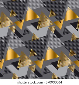 Gold and gray elegant color creative repeatable motif with triangles for wrapping paper or fabric. Modern seamless pattern vector illustration in geometry style.