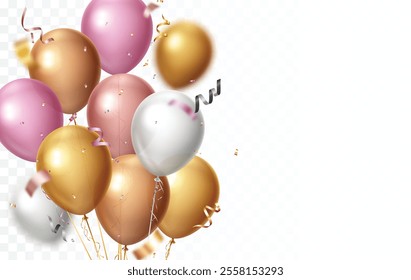 Gold, gray and rose gold celebrations balloons, confetti and ribbon isolated on transparent background