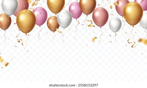 Gold, gray and rose gold celebrations balloons, confetti and ribbon isolated on transparent background