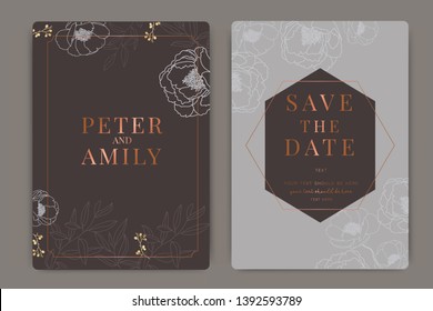 Gold and Gray Wedding Invitation, floral invite thank you, rsvp modern card Design in white Peony with red berry and leaf greenery  branches decorative Vector elegant rustic template