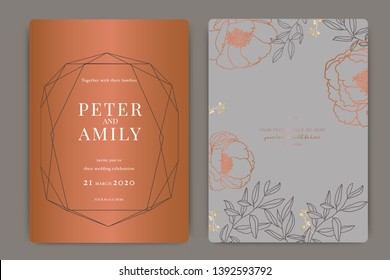 Gold and Gray Wedding Invitation, floral invite thank you, rsvp modern card Design in white Peony with red berry and leaf greenery  branches decorative Vector elegant rustic template