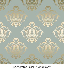 Patrón de ornamento dorado y gris-verde sin fisuras en vectores. Patrón victoriano floral real. Papel de pared barroco. Damasco 