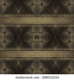 Gold greek borders 3d seamless pattern. Warped lines surface 3d background. Floral repeat textured backdrop. Modern line art Deco ornaments. Luxury greek key meanders border design. Endless texture.