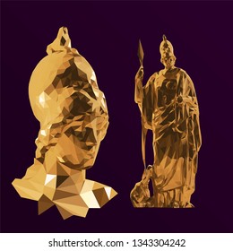 Gold Greek Goddess Athena. Set of Sculptures on Purple Background. Low Poly Vector 3D Rendering
