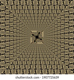 Patrón cuadrado radial dorado griego. Resumen con el patrón de fondo Deco. La clave griega serpentea un adorno dorado de estilo étnico.  Diseño moderno geométrico. Lujoso paisaje de fondo.